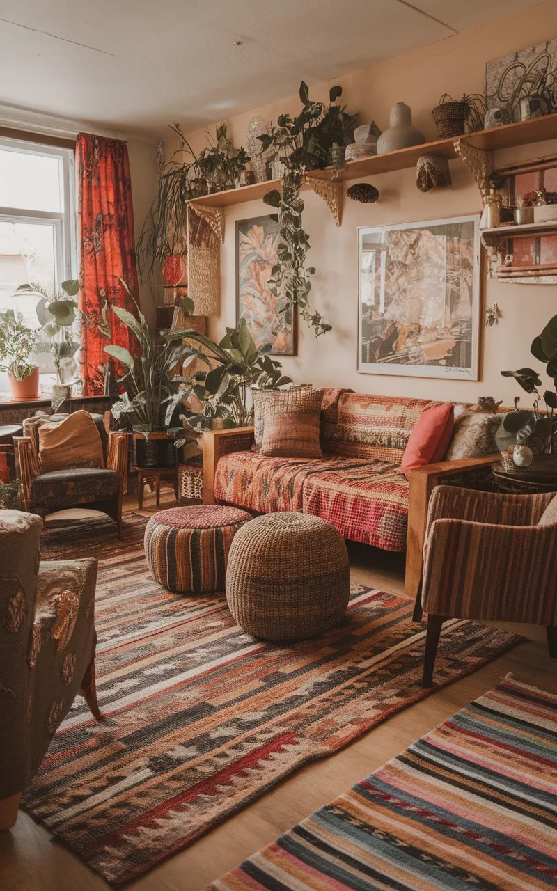 A boho living room with layered rugs, colorful furniture, plants, and a cozy atmosphere.
