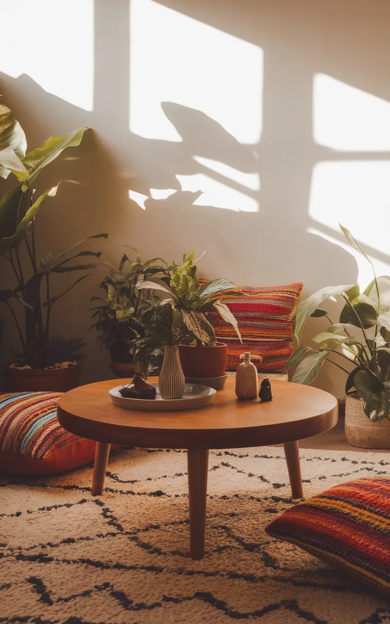 Mid-century coffee table in a boho living room with plants and colorful pillows