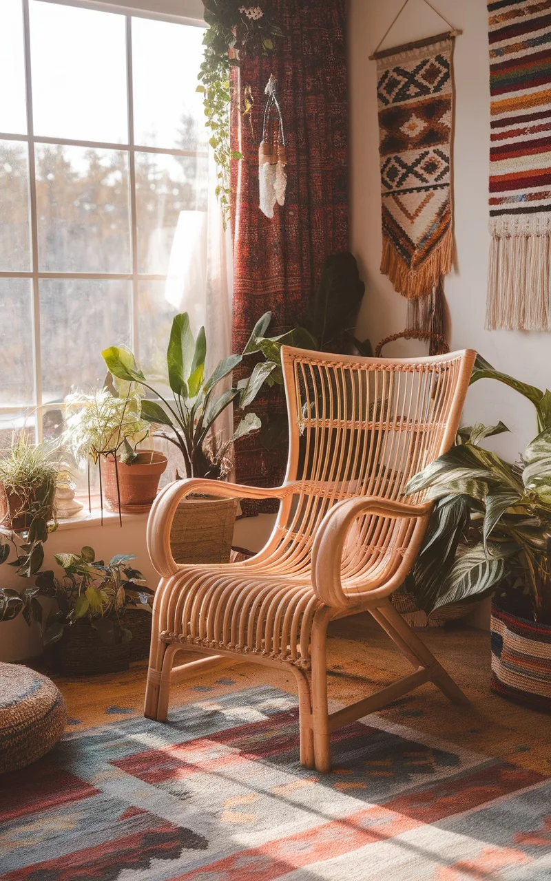 A cozy boho living room featuring a rattan armchair surrounded by plants and colorful textiles.