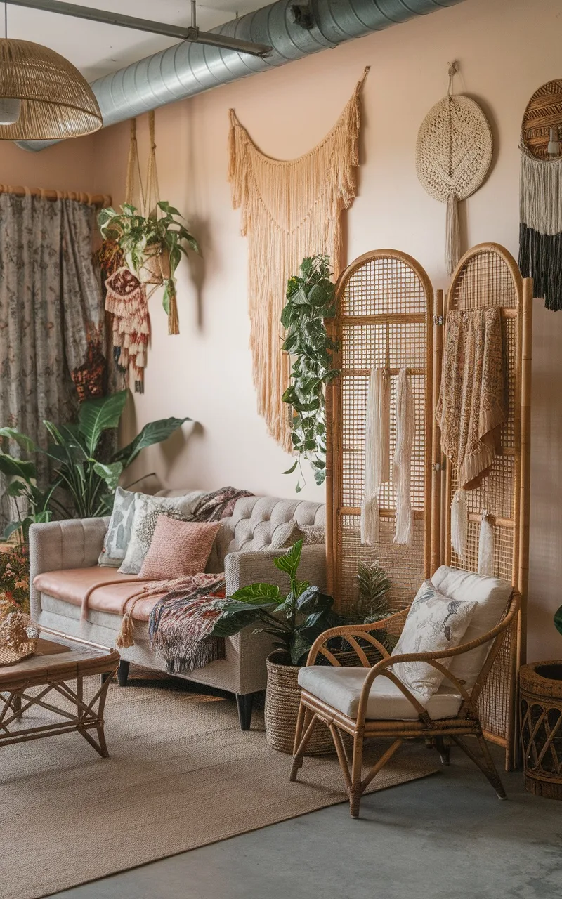 A cozy boho living room featuring a bamboo room divider, a light sofa, and plants.