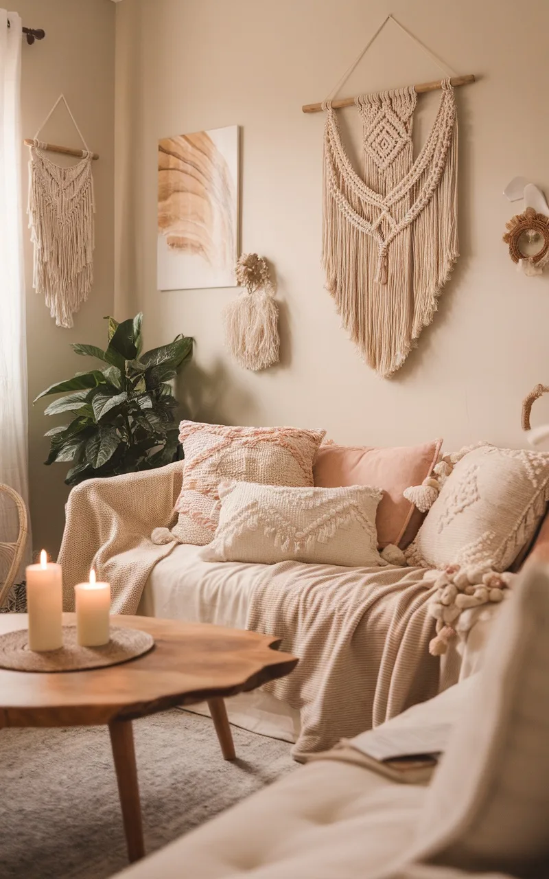 Cozy boho living room featuring soft lighting with candles, textured pillows, and natural decor.