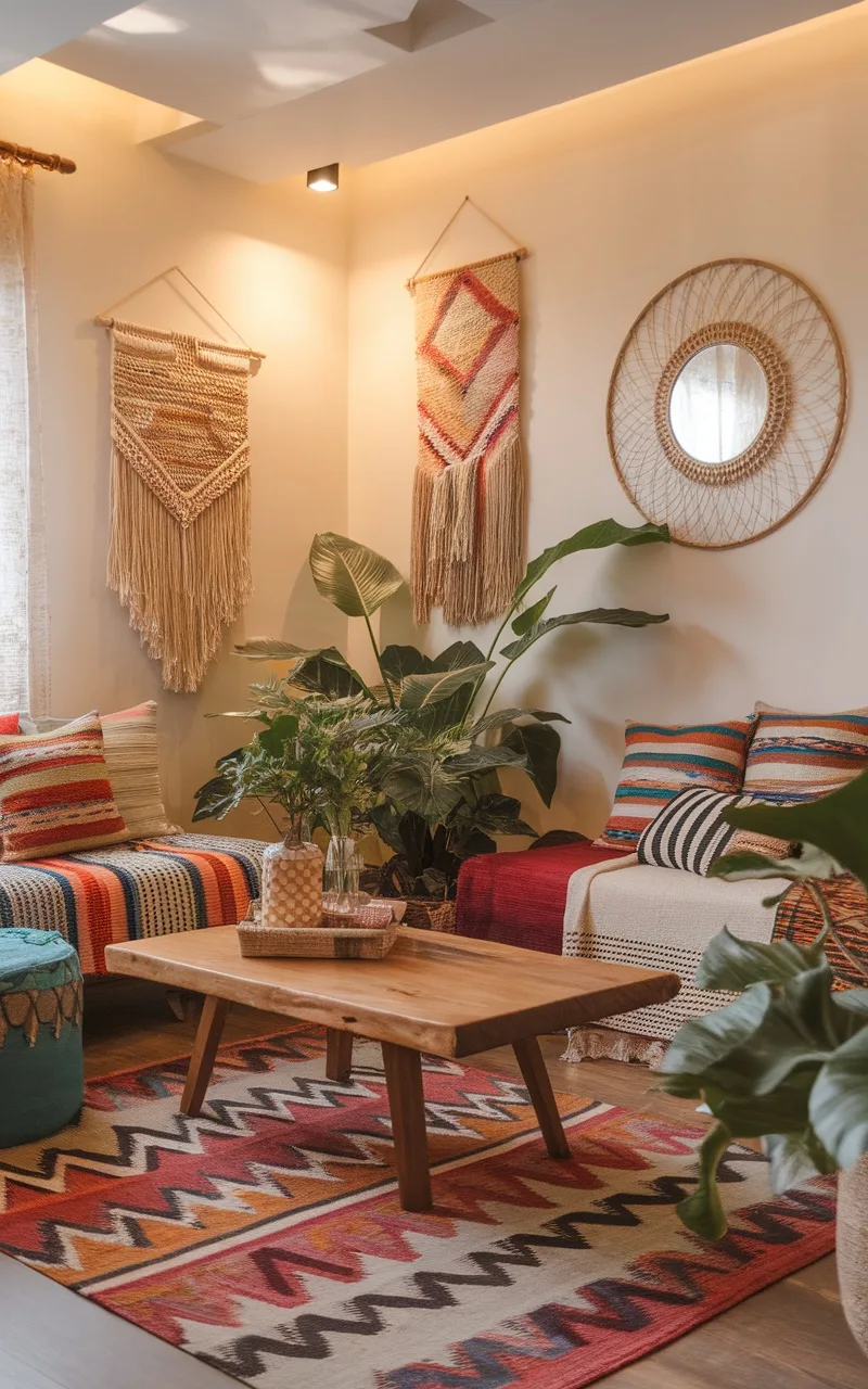 A cozy boho living room featuring a bold patterned rug, colorful cushions, and lush plants.