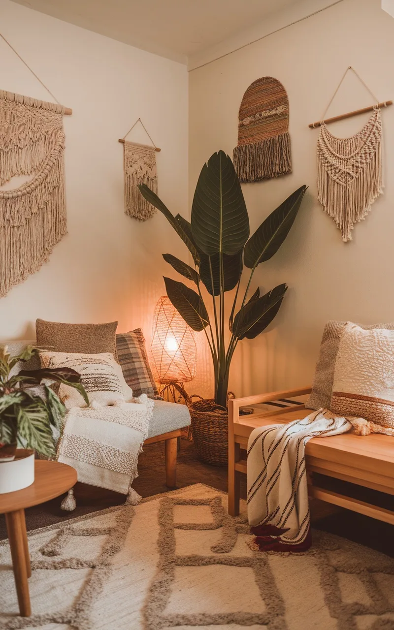 A cozy boho living room corner with macramé wall hangings, a large leafy plant, and warm lighting.