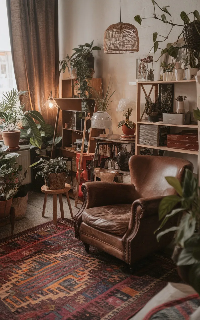 A cozy boho living room featuring a vintage leather chair, colorful rug, and various plants.