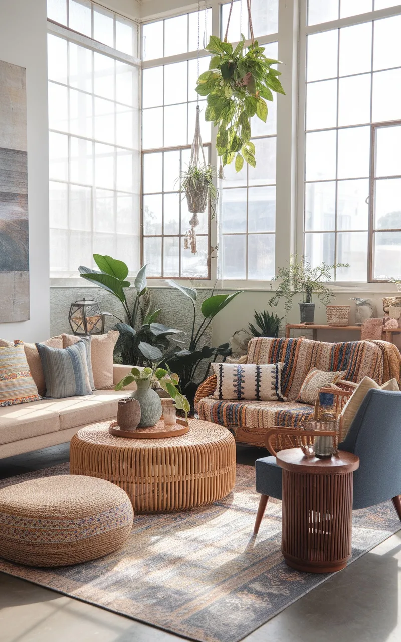 A bright boho living room featuring large windows, plants, and natural materials.