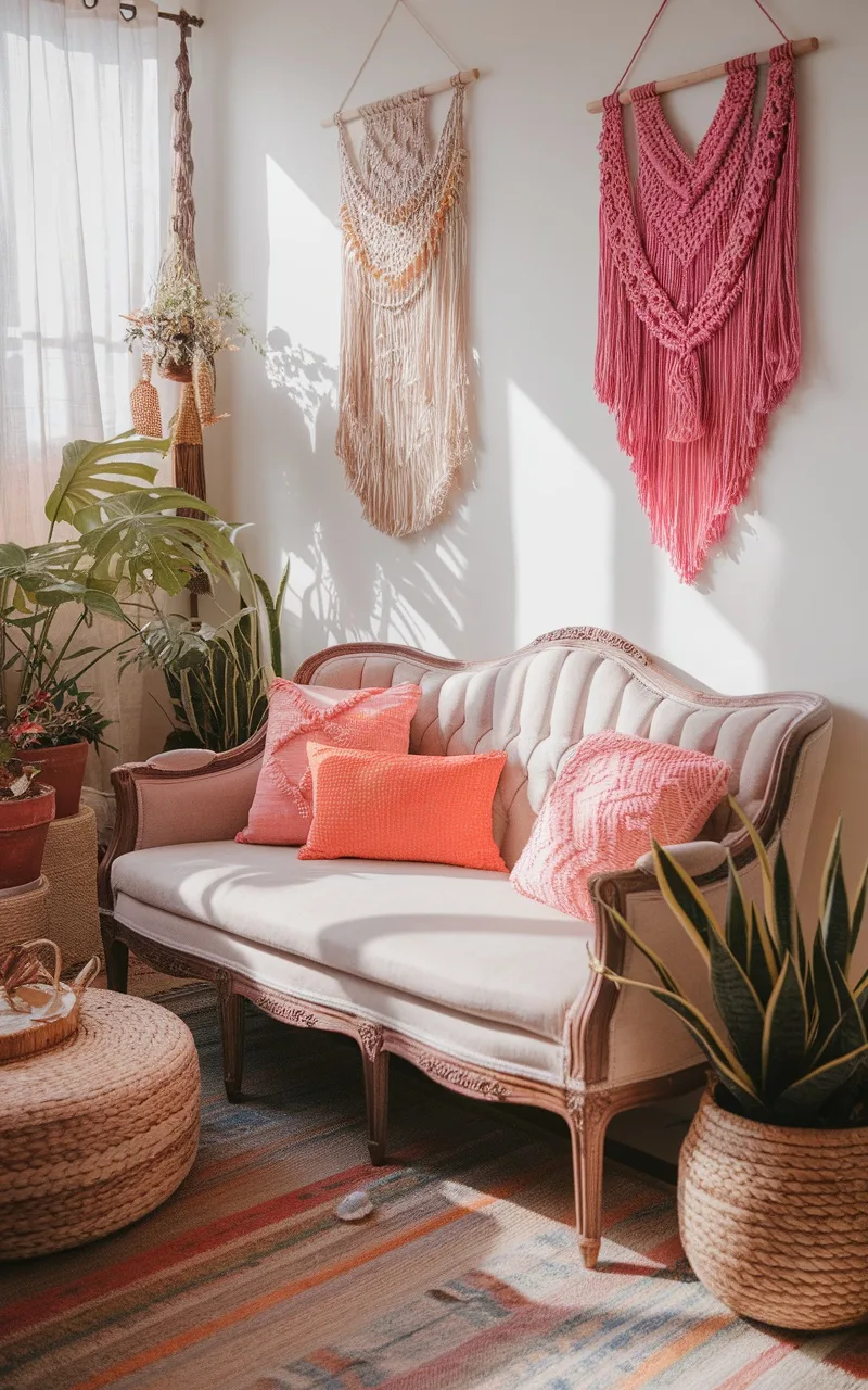 A cozy boho living room featuring a vintage sofa with pink and orange cushions, macramé wall art, and potted plants.