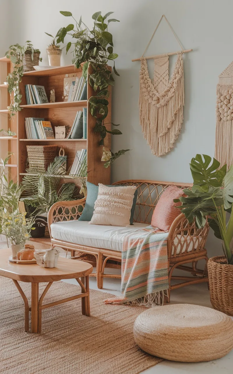 Boho living room featuring natural materials, a rattan sofa, plants, and earthy textiles.