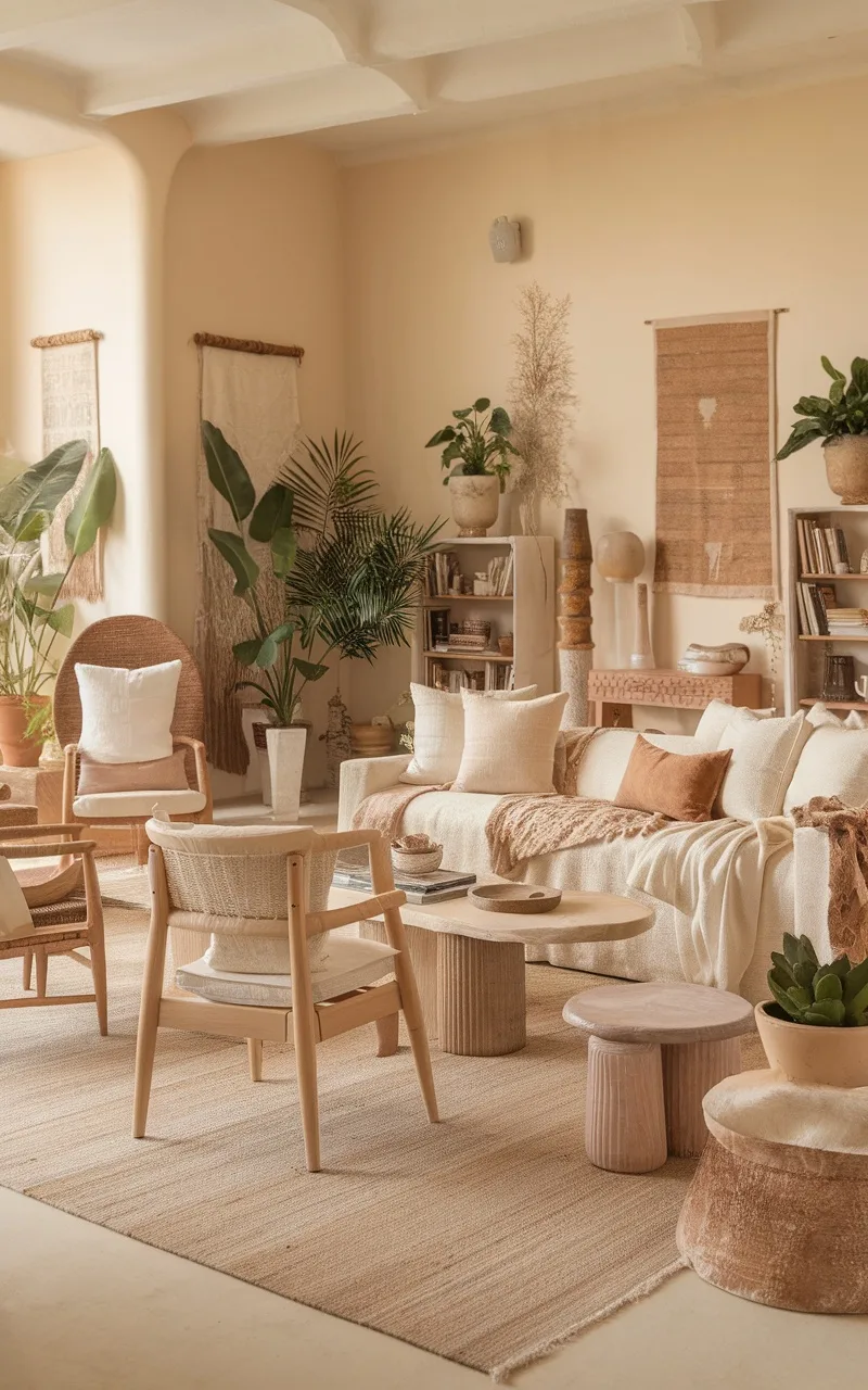 A boho living room featuring neutral tones with various textures, plants, and wooden furniture.